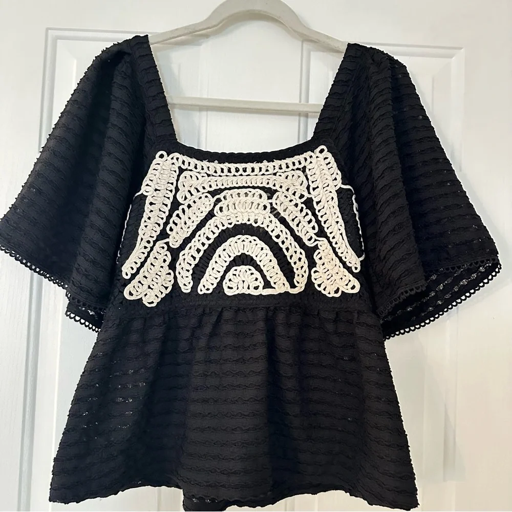 Anthropologie Sarah Hann Flutter Sleeve Crochet Top Black Small